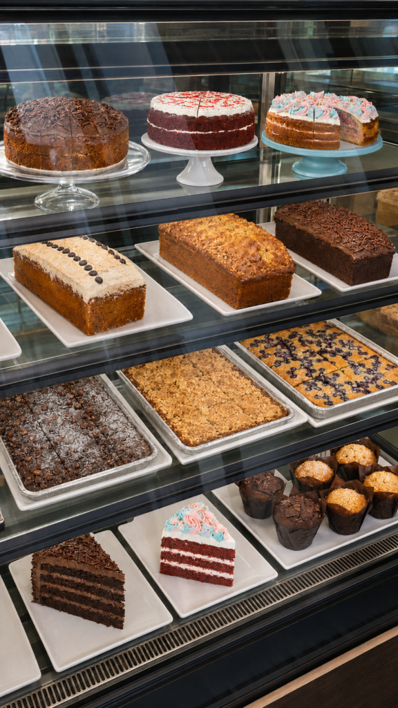 Assorted cakes and desserts in display case